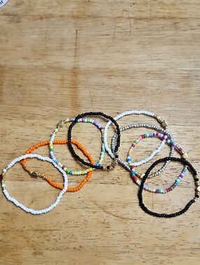 8 Bohemian Bracelets-Women-Handcrafted Seed Bead Stretch-Gold Heart Accent - NEW